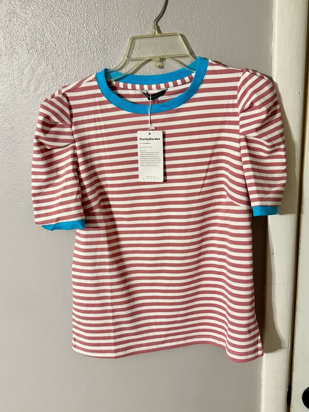 Women Ribbed Tee Blouse with Bright Blue Trim stripped